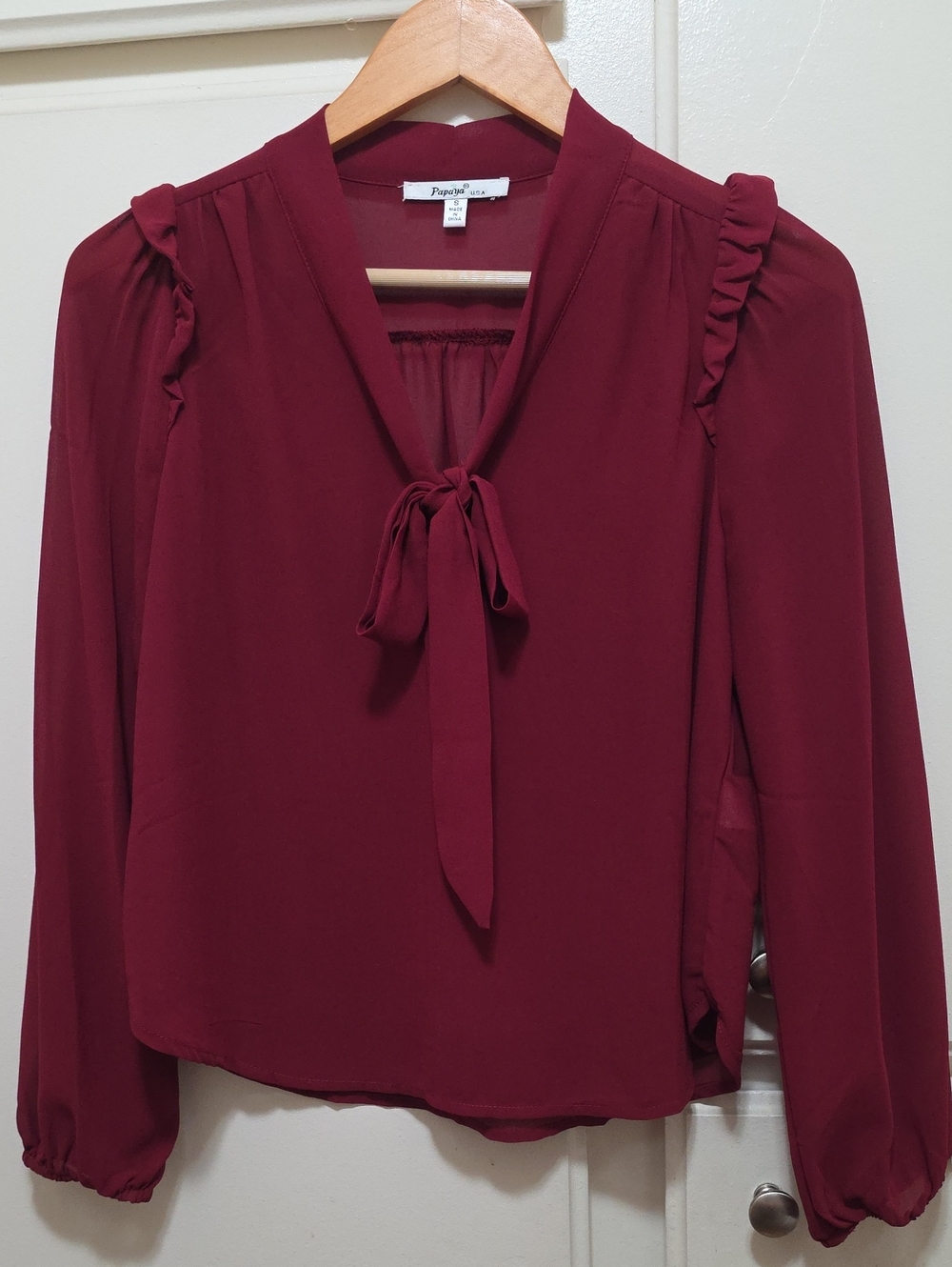 Papaya Wine Tie-Neck Ruffle Shoulder Blouse